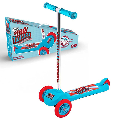 The Ozbozz Trail Twist V4 Kids Tri-Scooter in blue and red features "Trail Twister" branding on the deck and handlebars. This three-wheeled, tilt-to-steer scooter, aimed at enhancing coordination and balance for children aged 3 and up, is presented alongside its matching packaging that includes product images and descriptive text.