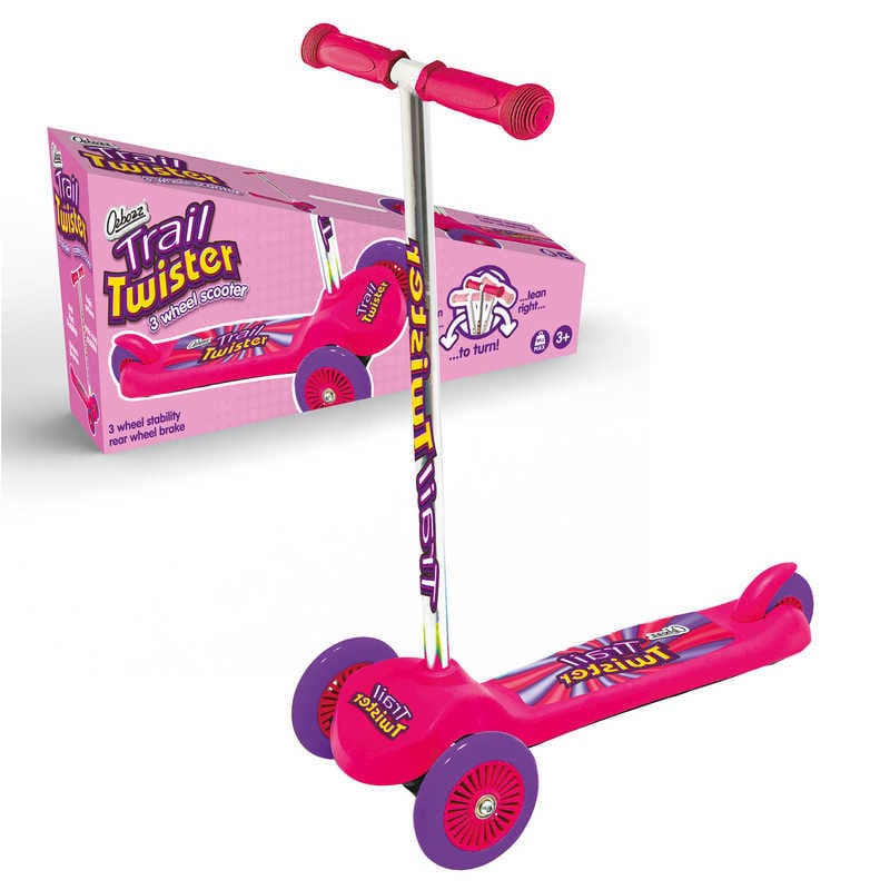 Introducing the Ozbozz Trail Twist V4 Kids Tri-Scooter in Pink, a vibrant tilt-to-steer scooter crafted to enhance children's balance and coordination. Featuring "Trail Twister" prominently on both the deck and handlebars, it is accompanied by a matching pink box decorated with striking images of the scooter.