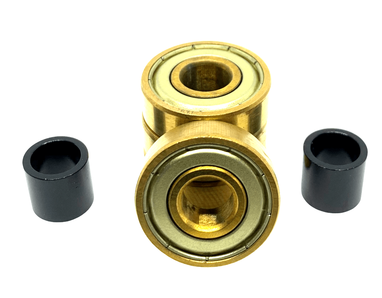 The Logic ABEC 11 Gold Scooter Bearings - 4 Pack features two gold-colored ball bearings stacked vertically and flanked by two black cylindrical components. This premium-quality set from Logic ensures top performance speed in a balanced and symmetrical arrangement against a plain white background.
