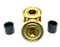 The Logic ABEC 11 Gold Scooter Bearings - 4 Pack features two gold-colored ball bearings stacked vertically and flanked by two black cylindrical components. This premium-quality set from Logic ensures top performance speed in a balanced and symmetrical arrangement against a plain white background.