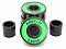 A set of Logic ABEC 11 green scooter bearings features high-quality components with a striking green and black design. Two bearings are stacked vertically while two more stand upright in front, poised for exceptional performance and speed. Accompanying them are two black cylindrical spacers that optimize a smooth riding experience.