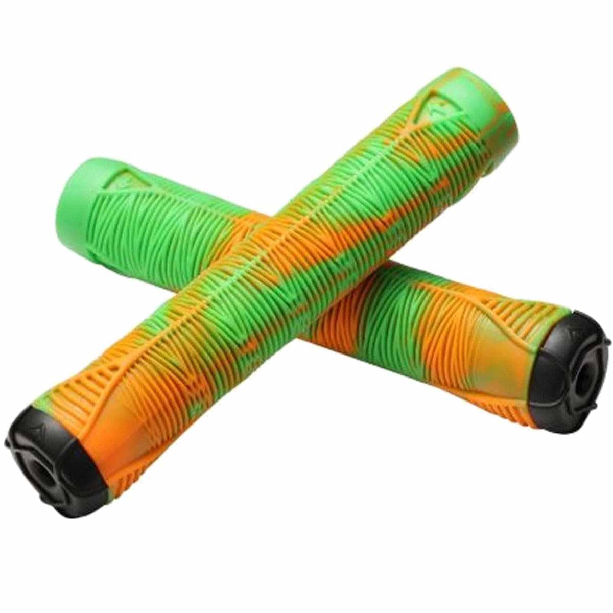 The Blunt Envy Flangeless V2 Green / Orange Stunt Scooter Grips, measuring 160mm, feature a dynamic pattern of green, orange, and black. Constructed from thermo plastic rubber, they provide textured surfaces for enhanced grip. The ends are capped in black, aligning with the flangeless V2 style perfect for stunt scooters.