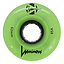 A green "Luminous LED 85A Quad Roller Skate Wheel" (62mm, 85A durometer) displays the brand name "Luminous," a black lightning bolt logo, and a visible bearing hole.