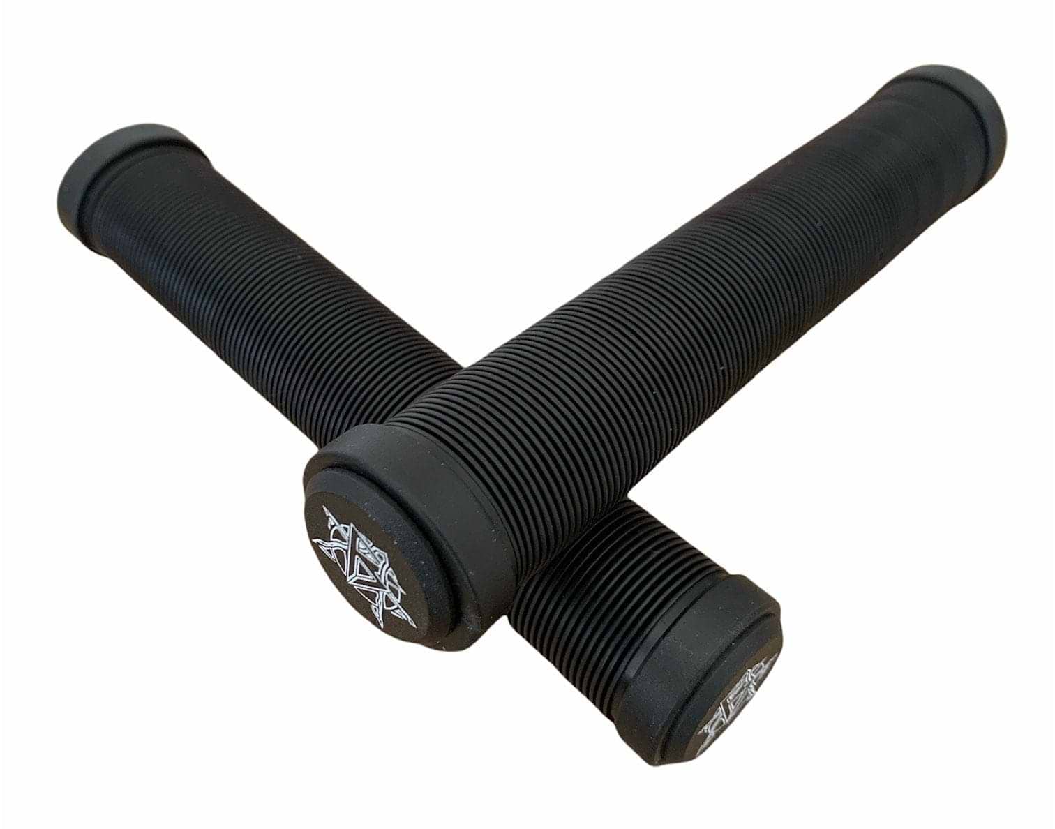 Two Revolution Black Stunt Scooter Grips, measuring 172mm and crafted from TPR material, are shown against a plain white background. The super soft grips boast a ribbed pattern for texture and are crossed over each other. One of the grips features a geometric design logo on the end cap, making them ideal for stunt scooters.
