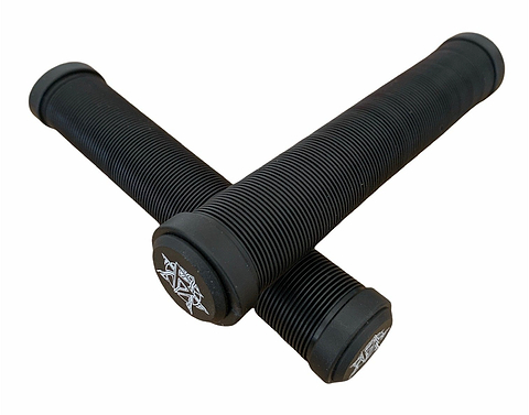 Two Revolution Black Stunt Scooter Grips, measuring 172mm and crafted from TPR material, are shown against a plain white background. The super soft grips boast a ribbed pattern for texture and are crossed over each other. One of the grips features a geometric design logo on the end cap, making them ideal for stunt scooters.