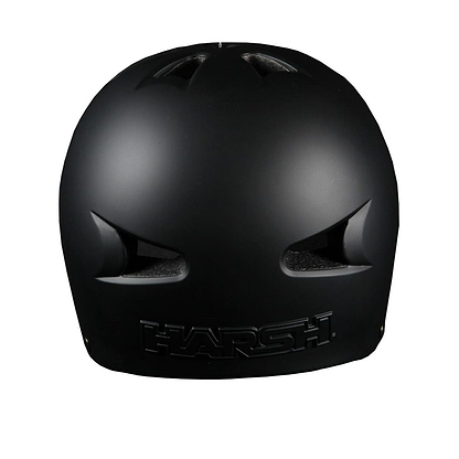 The back view of a matte black helmet reveals its sleek and minimalistic design, complete with two ventilation holes on top. The "Harsh EPS Skate / Scooter Helmet" logo is prominently displayed at the bottom. This CPSC-certified helmet guarantees safety while maintaining an effortlessly stylish look.