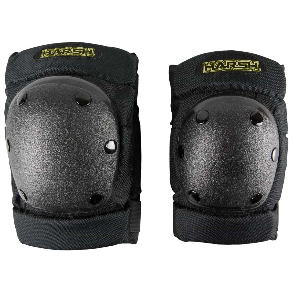 The Harsh Attitude Knee / Elbow Combo Skate Protection Pad Set in black, from our Youth Protective Equipment line, includes hard protective shells and adjustable straps. Ideal for safety during action sports such as skating or biking, these pads prominently showcase the Harsh brand name in yellow text on each piece.