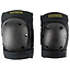 The Harsh Attitude Knee / Elbow Combo Skate Protection Pad Set in black, from our Youth Protective Equipment line, includes hard protective shells and adjustable straps. Ideal for safety during action sports such as skating or biking, these pads prominently showcase the Harsh brand name in yellow text on each piece.