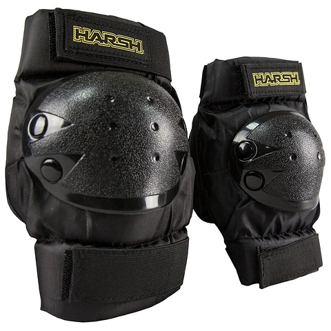 The Harsh Kids Knee / Elbow Combo Skate Protection Pad Set in black includes protective knee pads with hard shell coverings and adjustable straps, ensuring a secure fit for young action sports enthusiasts.