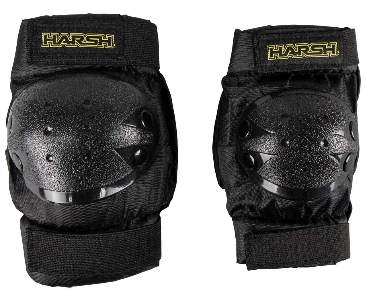 The Harsh Kids Knee / Elbow Combo Skate Protection Pad Set in black features two knee pads with hard plastic caps and adjustable Velcro straps, making it perfect for action sports. The brand name "Harsh" is prominently displayed in yellow text on the elastic bands. This protective gear set, designed for kids, is shown side by side against a white background.