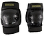 The Harsh Kids Knee / Elbow Combo Skate Protection Pad Set in black features two knee pads with hard plastic caps and adjustable Velcro straps, making it perfect for action sports. The brand name "Harsh" is prominently displayed in yellow text on the elastic bands. This protective gear set, designed for kids, is shown side by side against a white background.