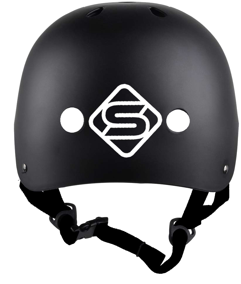 The Skates.co.uk ABS Skate / Scooter Helmet in Black/White boasts a sleek design with a stylish angular "S" logo centered on the front. This adjustable helmet is equipped with two front ventilation holes and features a secure black chin strap with a buckle, providing both comfort and safety.