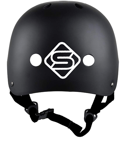 The Legacy Ventus Gold Stunt Scooter Starter Bundle features a matte black helmet with a white “S” logo, two round vents, and an adjustable chin strap—ideal for stunt scooter riders or newcomers.