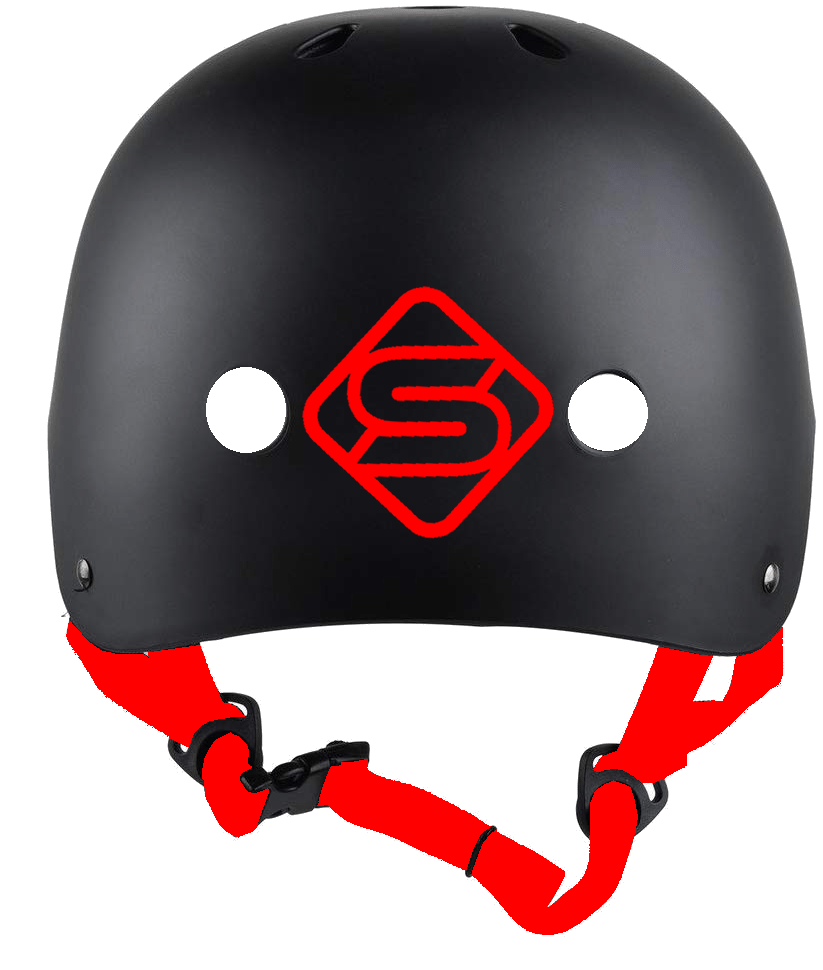 The Skates.co.uk ABS Skate / Scooter Helmet in black and red showcases a sleek design with cooling air vents, adorned with a vibrant red "S" logo on the front. It features an adjustable bright red chin strap with a black buckle, providing both style and comfort for every ride.
