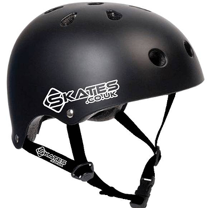 The Legacy Ventus Gold Stunt Scooter Starter Bundle by Legacy includes a black helmet with multiple vents, adjustable chin straps, and "SKATES.CO.UK" logos in white—perfect for stunt scooter riders or as part of a starter set.