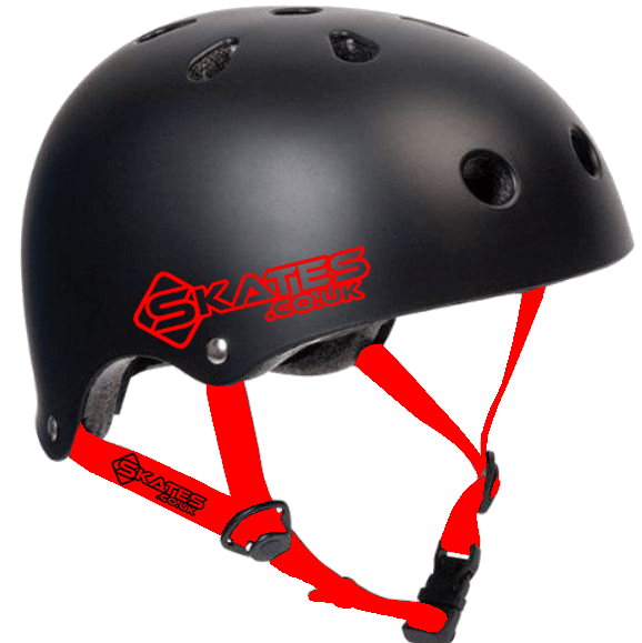 The Skates.co.uk ABS Skate/Scooter Helmet in black features red chin straps and cooling air vents for additional comfort. The brand logo is elegantly printed in red on the side, and this adjustable helmet ensures a perfect fit, offering both skaters and scooter enthusiasts a stylish yet safe option.