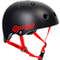 The Skates.co.uk ABS Skate/Scooter Helmet in black features red chin straps and cooling air vents for additional comfort. The brand logo is elegantly printed in red on the side, and this adjustable helmet ensures a perfect fit, offering both skaters and scooter enthusiasts a stylish yet safe option.