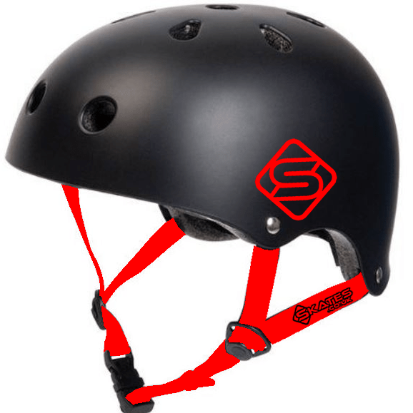 The Skates.co.uk ABS Skate / Scooter Helmet in black features adjustable red straps, cooling air vents, and a sleek red logo on the side. The word "SKATES" is printed on the straps for added style and safety.