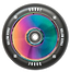 Introducing the Drone Hollow Core Series 110mm Stunt Scooter Wheel in Neochrome by Drone, a lightweight, multi-colored scooter wheel boasting a metallic rainbow finish. It features a visible central bearing and is encased by a sleek black outer rim with an eye-catching hollowcore design.