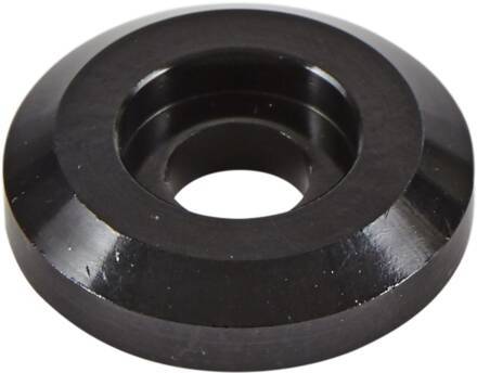 An image showcasing the Universal Scooter IHC Compression Top Cap, a black, round metal component featuring a beveled edge and hollow center, specifically designed for Universal setups, set against a plain white background.