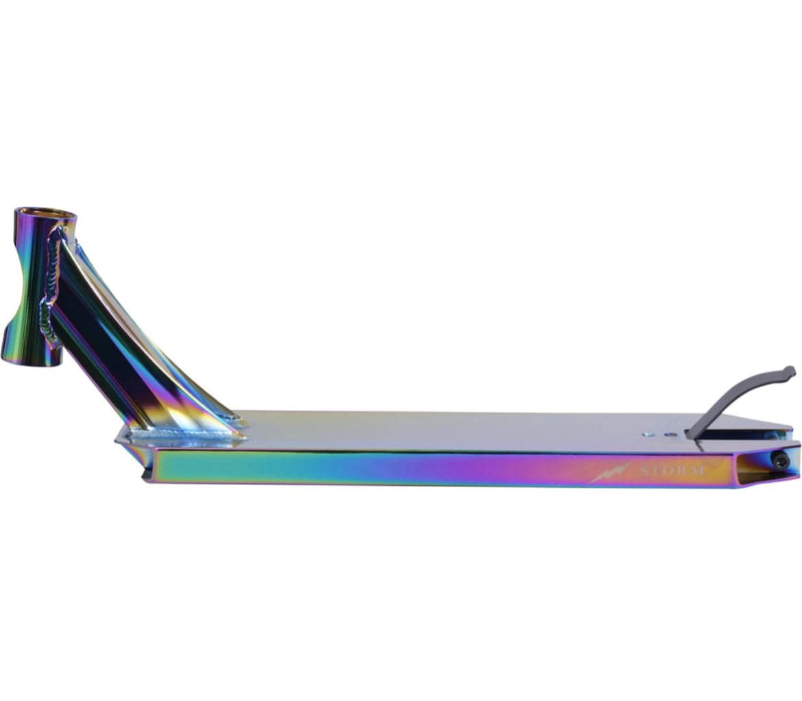 Experience the Revolution Storm with a metal scooter featuring the Revolution Storm Neochrome Stunt Scooter Deck, measuring 4.7" x 19", and sleek handles, all designed for ultimate performance at any skatepark.