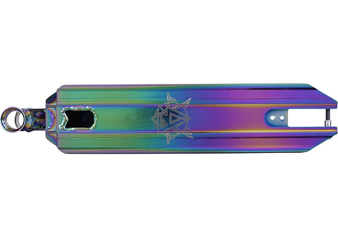 Introducing the Revolution Storm Neochrome Stunt Scooter Deck by Revolution, featuring a vibrant rainbow color scheme and a geometric star design at its center. This 4.7" x 19" skatepark-ready deck has a reflective metallic finish, with cutouts at both ends for easy wheel attachment.