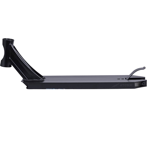 The Revolution Storm Black Stunt Scooter Deck by Revolution measures 4.7" x 19" and features a slightly raised back end with an integrated foot brake, making it ideal for park riders. Its sleek, simple design prominently showcases the word "Storm" near the rear.