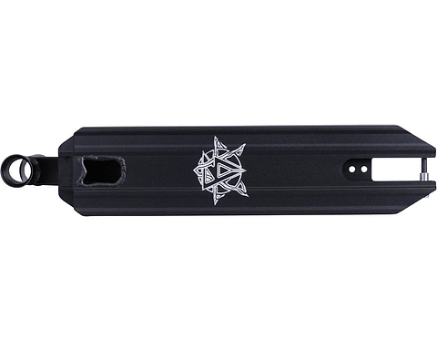 The Revolution Storm Black Stunt Scooter Deck, sized at 4.7" x 19", showcases a sleek design with clean lines and a geometric white emblem in the center. Perfect for any park rider, it includes a square cutout at one end and is complemented by a durable finish.