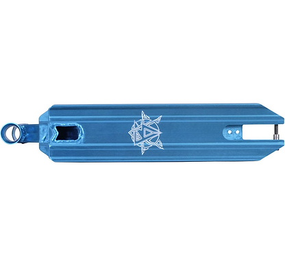 The Revolution Storm Blue Chrome Stunt Scooter Deck, measuring 4.7" x 19", showcases a vibrant blue chrome finish adorned with an eye-catching geometric star design in white at the center. Ideal for park riders, this rectangular deck includes a circular cutout at one end and a convenient mounting hole at the other.