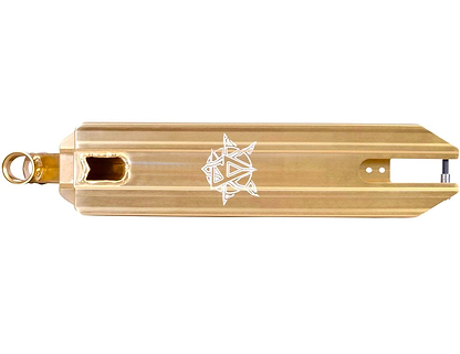 The Revolution Storm Gold Chrome Stunt Scooter Deck by Revolution is perfect for park riders, showcasing a stunning gold finish adorned with a geometric white design. It includes a cutout at one end and a circular attachment point at the other, while its reflective metal surface ensures you ride in style and stay visible.