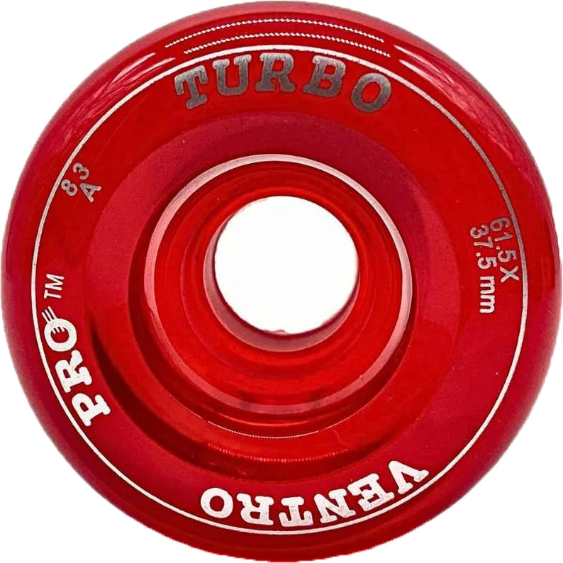Red Ventro Pro Turbo Quad 83A roller skate wheel by Ventro, featuring white text with a 61.5mm x 35mm size and "83A" durometer hardness rating, viewed from above to show the central hub opening—ideal as replacement wheels for quad roller skates.