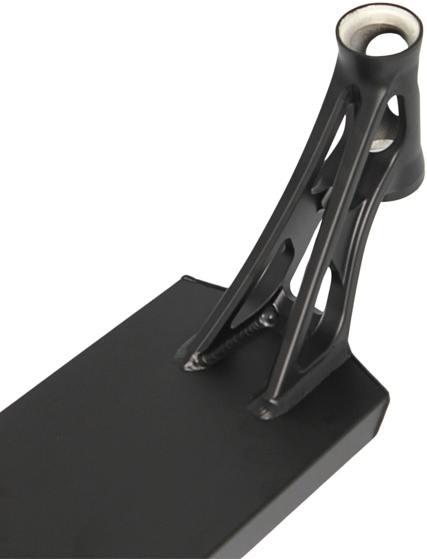 Close-up of a Root Industries AIR RS V3 Black Stunt Scooter Deck – 6″ x 21″, featuring an open-truss neck design and a circular head tube, viewed from above at an angle. Engineered by Root Industries for performance and style, this lightweight stunt scooter deck stands out in both form and function.