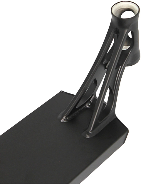 Close-up of a Root Industries AIR RS V3 Black Stunt Scooter Deck – 6″ x 21″, featuring an open-truss neck design and a circular head tube, viewed from above at an angle. Engineered by Root Industries for performance and style, this lightweight stunt scooter deck stands out in both form and function.