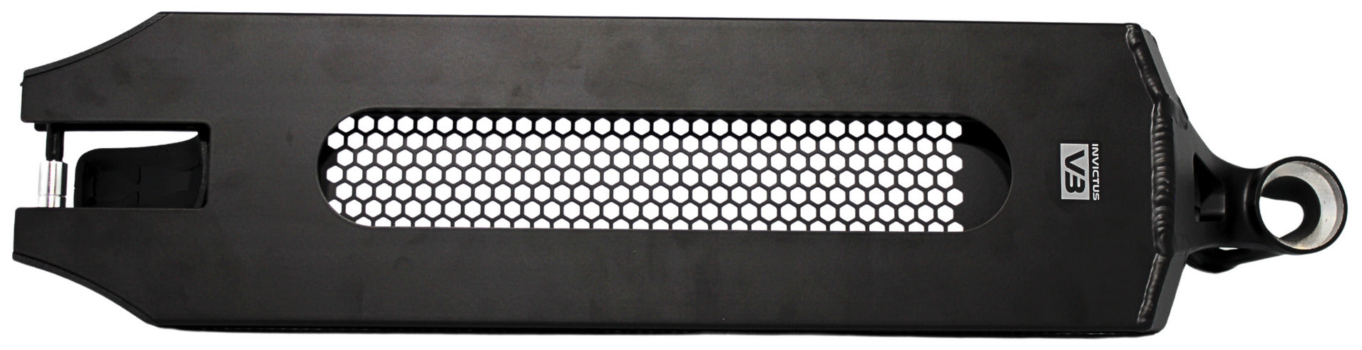 The Root Industries Invictus V3 Black Stunt Scooter Deck (5.2" x 19.7") features a smooth black finish, honeycomb-pattern center cutout, circular mounting hole on one end, and a small logo near the right side.