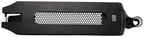 The Root Industries Invictus V3 Black Stunt Scooter Deck (5.2" x 19.7") features a smooth black finish, honeycomb-pattern center cutout, circular mounting hole on one end, and a small logo near the right side.