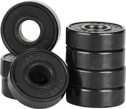 Eight Ventro Ceramic ABEC 11 Black Bearings from Ventro are arranged with six stacked vertically and two leaning against the stack. The bearing faces display engraved markings, including "ABEC-11" and "608RS," emphasizing their high-performance ABEC 11 rating and standard 608 size design. The scene is set against a plain white background.