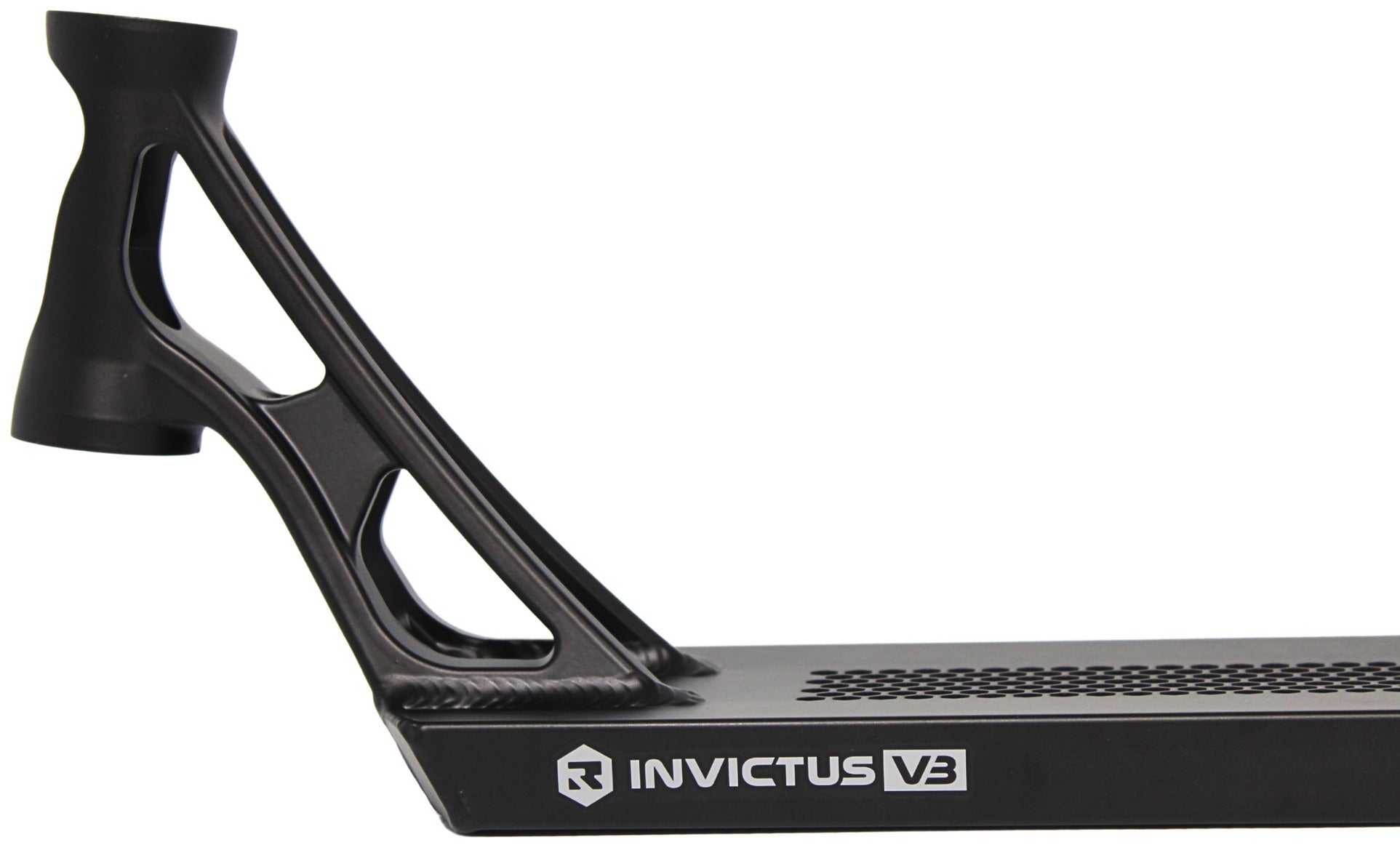 Close-up of the Root Industries Invictus V3 Black Stunt Scooter Deck (5.2" x 19.7") featuring a geometric, open-frame neck and the Root Industries logo and name on the side for a sleek, professional appearance.