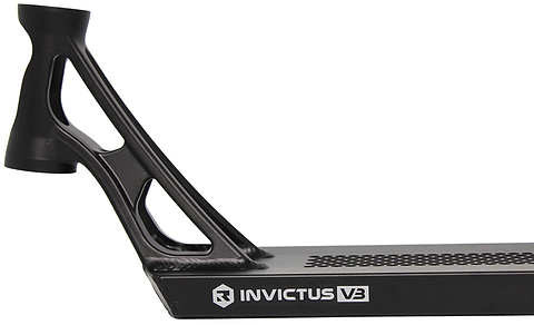 Close-up of the Root Industries Invictus V3 Black Stunt Scooter Deck (5.2" x 19.7") featuring a geometric, open-frame neck and the Root Industries logo and name on the side for a sleek, professional appearance.