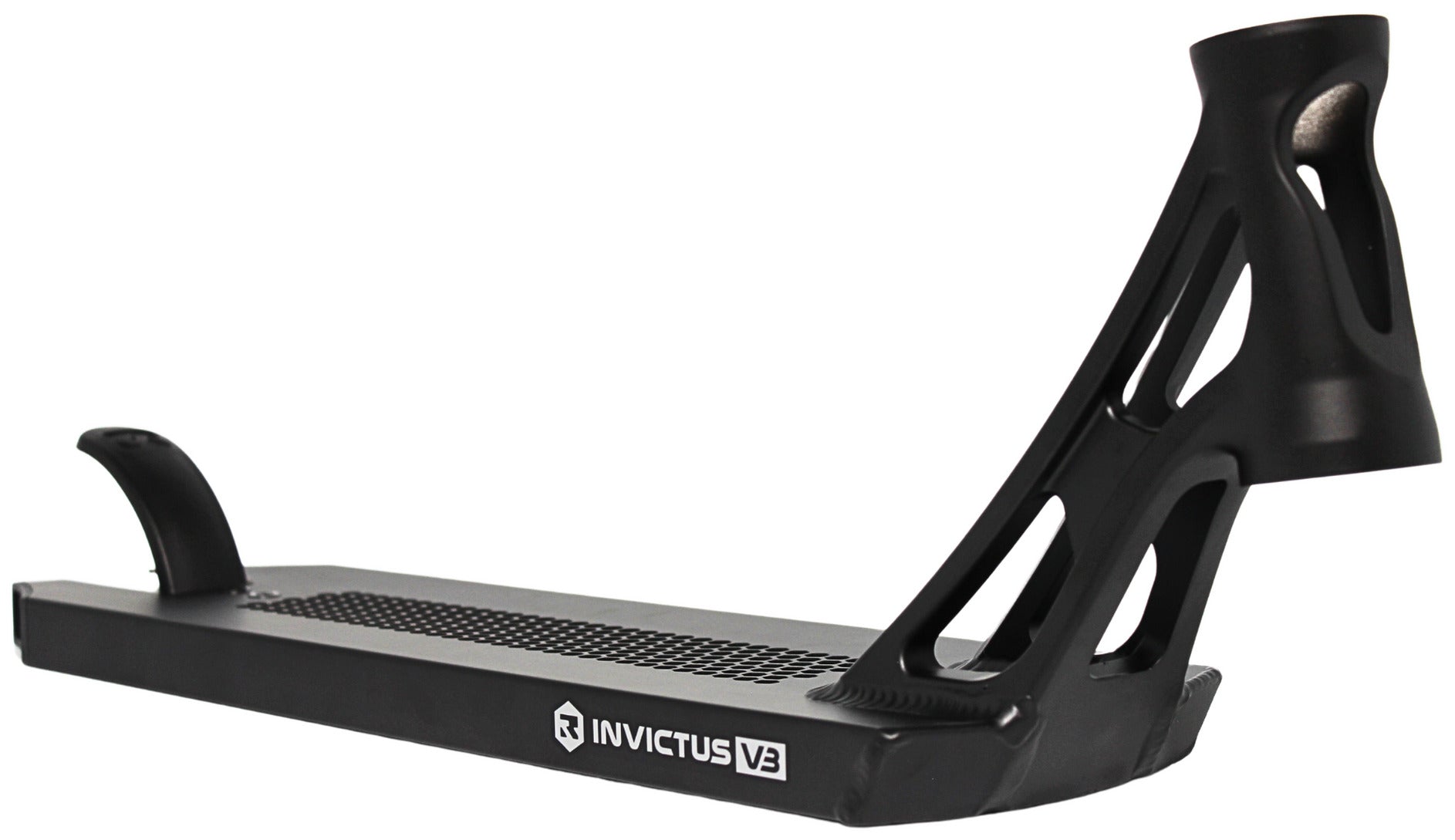 The Root Industries Invictus V3 Black Stunt Scooter Deck (5.2" x 19.7") features an angular open-frame neck and textured footplate, shown from a slight angle.