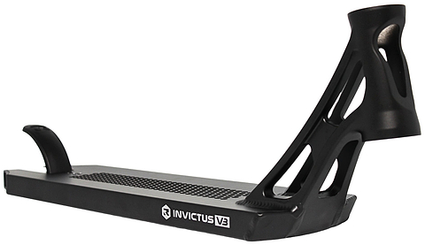 The Root Industries Invictus V3 Black Stunt Scooter Deck (5.2" x 19.7") features an angular open-frame neck and textured footplate, shown from a slight angle.