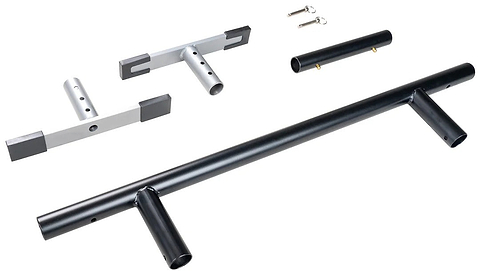 Disassembled Madd Gear MGP Grind Rail Extension Kit - 91cm set with two black and silver steel handles, two short metal brackets with rubber ends, one cylindrical part, and two small keys—all displayed on a white background.