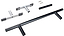 Disassembled Madd Gear MGP Grind Rail Extension Kit - 91cm set with two black and silver steel handles, two short metal brackets with rubber ends, one cylindrical part, and two small keys—all displayed on a white background.