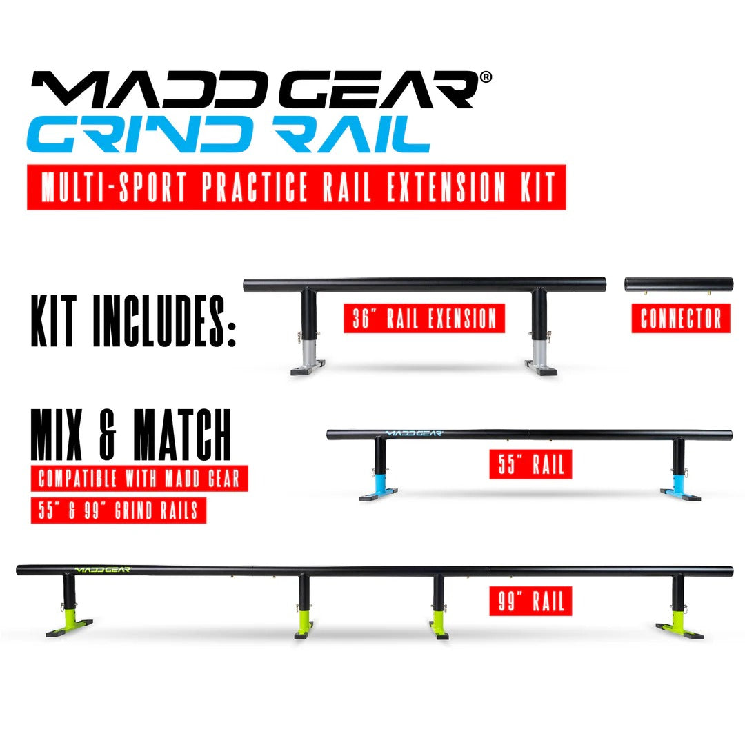 Image of the Madd Gear MGP Grind Rail Extension Kit - 91cm, with labeled parts: 91cm extension, connector, 140cm rail, and 252cm scooter grind rail. Compatible and mixable with other Madd Gear grind rails.