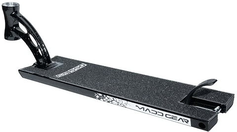 The Madd Gear MGP VX Origin Black Stunt Scooter Deck – 5.5″ x 20.5″ features a textured footplate, angled headtube, and rear brake, making it an ideal choice for park riders looking for a durable pro deck; shown here on a white background.