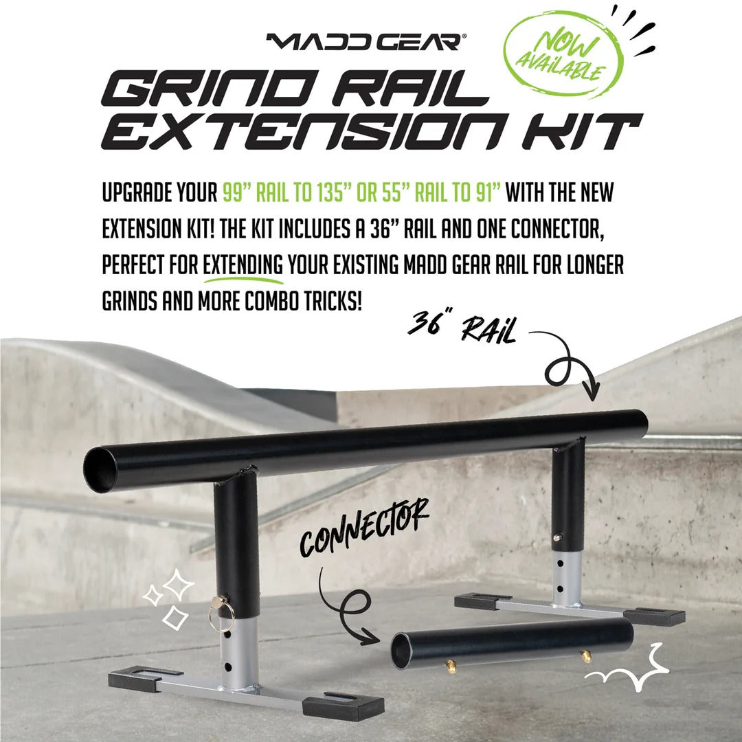 A black 91cm grind rail with a silver connector is shown on a skate park floor. Text highlights the Madd Gear MGP Grind Rail Extension Kit by Madd Gear, ideal for upgrading rails for longer grinds and combo tricks. A green "Now Available" badge appears.