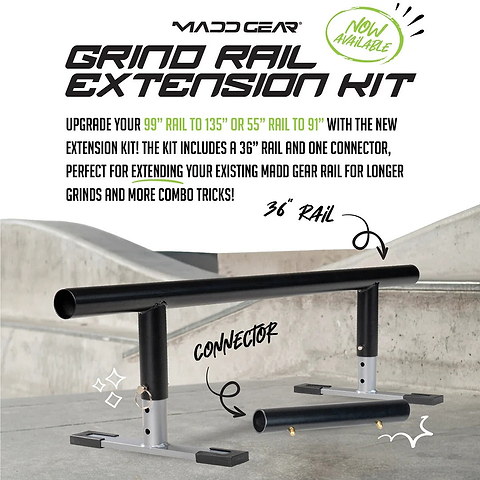 A black 91cm grind rail with a silver connector is shown on a skate park floor. Text highlights the Madd Gear MGP Grind Rail Extension Kit by Madd Gear, ideal for upgrading rails for longer grinds and combo tricks. A green "Now Available" badge appears.