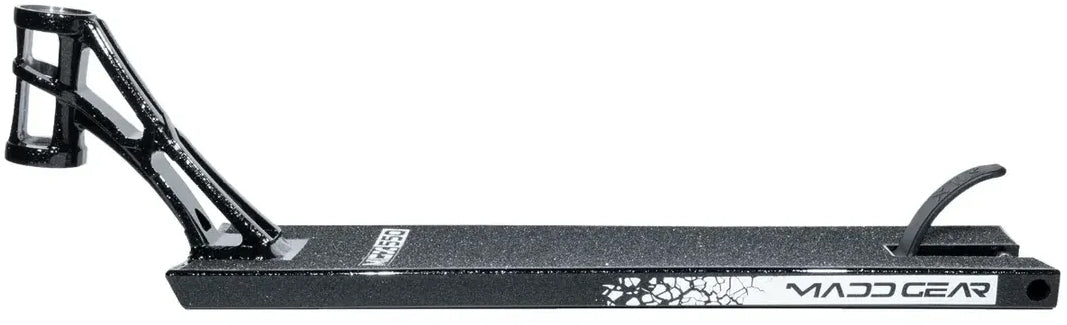 Introducing the Madd Gear MGP MGX Black Stunt Scooter Deck – 5.5″ x 20.5″, featuring a striking black and silver finish, textured foot surface for added grip, an angled neck, and an integrated brake. The distinctive Madd Gear (MGP) logo and side graphic design make this deck ideal for both park and street riders.