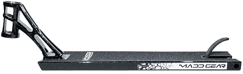 Introducing the Madd Gear MGP MGX Black Stunt Scooter Deck – 5.5″ x 20.5″, featuring a striking black and silver finish, textured foot surface for added grip, an angled neck, and an integrated brake. The distinctive Madd Gear (MGP) logo and side graphic design make this deck ideal for both park and street riders.