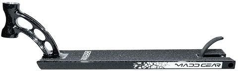 The Madd Gear MGP VX Origin Black Stunt Scooter Deck – 5.5″ x 20.5″ – features a striking black finish with white speckles, a curved front support bar, and a rear foot brake. Designed specifically for park riders by Madd Gear (MGP), this deck offers a textured surface for enhanced grip and displays the Madd Gear logo on its side, making it an excellent choice for anyone looking for an MGP VX Origin stunt scooter deck.