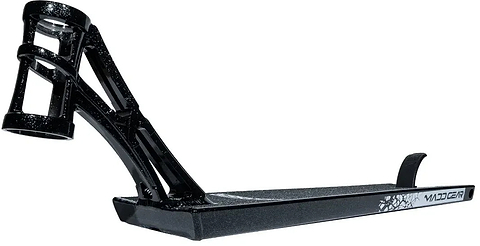 A Madd Gear MGP MGX Black Stunt Scooter Deck, measuring 5.5″ x 20.5″, featuring a textured surface, upward angled neck, and a foot brake at the rear. Designed for park and street riders, it includes white graphic details near the end.